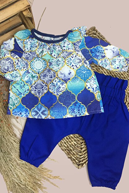 Gist Kiz Bebek Saks Mavisi Gabardin Pantolon Etnik Desenli Bluz Takim Trendyol