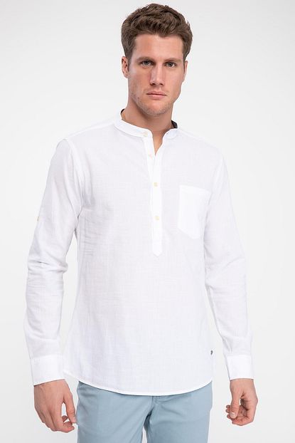 Defacto Erkek Beyaz Hakim Yaka Yarim Dugmeli Slim Fit Gomlek K2091az 19sm Wt34 Trendyol