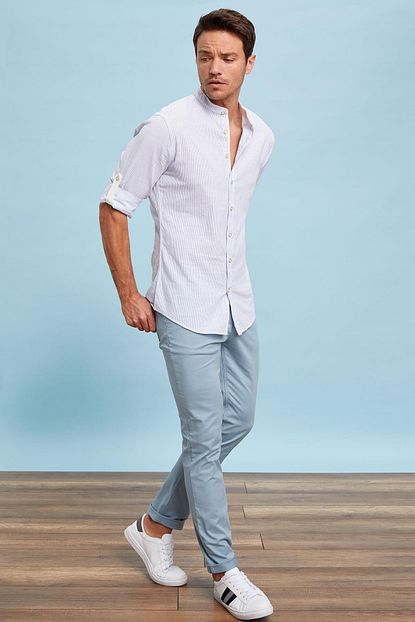 Defacto Erkek Mavi Hakim Yaka Slim Fit Gomlek Trendyol