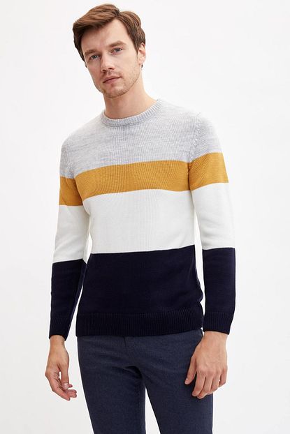 Defacto Erkek Civit Mavisi Renk Bloklu Slim Fit Kazak L2386az 19wn In75 Trendyol