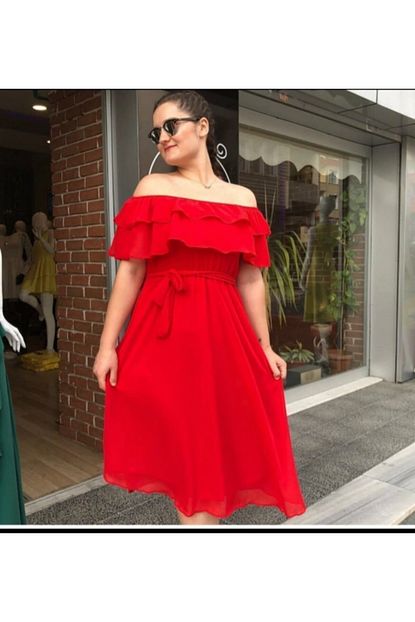 Macfly Kadin Kirmizi Carmen Yaka Astarli Sifon Elbise Trendyol