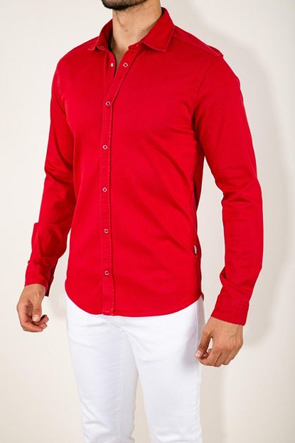 You Two Erkek Kirmizi Citcitli Kot Gomlek Slim Fit Ffytg3000 Trendyol