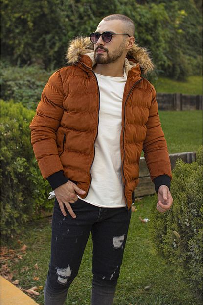 Modafethi Erkek Taba Kadife Tuylu Kapusonlu Sisme Mont Trendyol