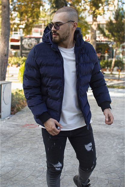 Modafethi Erkek Lacivert Kadife Kapusonlu Sisme Mont Trendyol