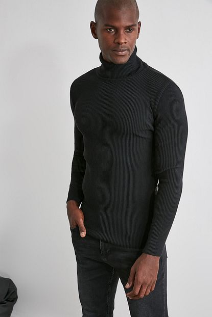 Trendyol Man Siyah Erkek Slim Fit Lastik Orgu Balikci Yaka Triko Kazak Tmnaw20mg0031 Trendyol