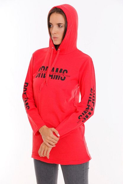 Bluence Kadin Kirmizi Kapusonlu Baskili Sweatshirt Trendyol