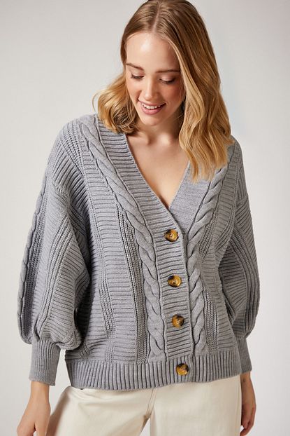 Happiness Ist Kadin Gri V Yaka Balon Kollu Kalin Triko Hirka Us00173 Trendyol