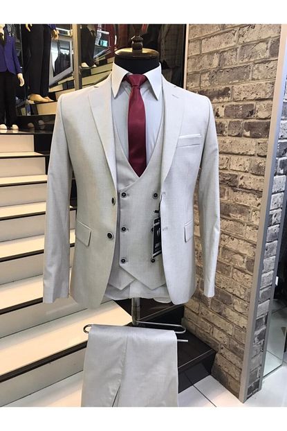 John Wick Erkek Krem Slim Fit Yelekli Kendinden Desenli Takim Elbise Trendyol