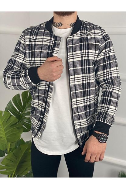 Ukdwear Erkek Siyah Slim Fit Cift Kolej Yaka Ekose Bomber Ceket Trendyol