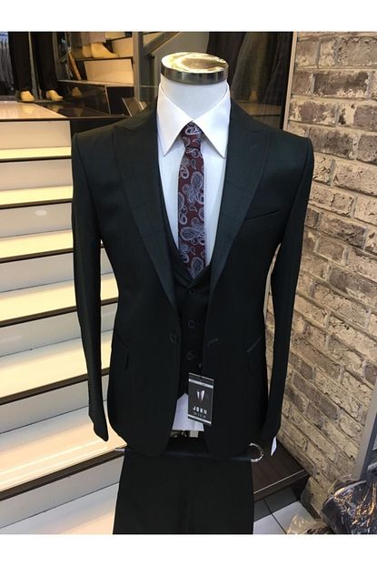 John Wick Erkek Siyah Slimfit Yelekli Ekose Takim Elbise Trendyol