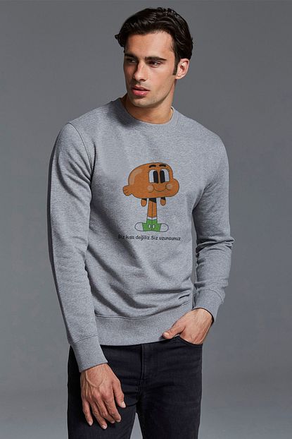 Collage Gumball Biz Kisa Degiliz Siz Uzunsunuz Baskili Gri Erkek Orme Sweatshirt Uzun Kol Trendyol