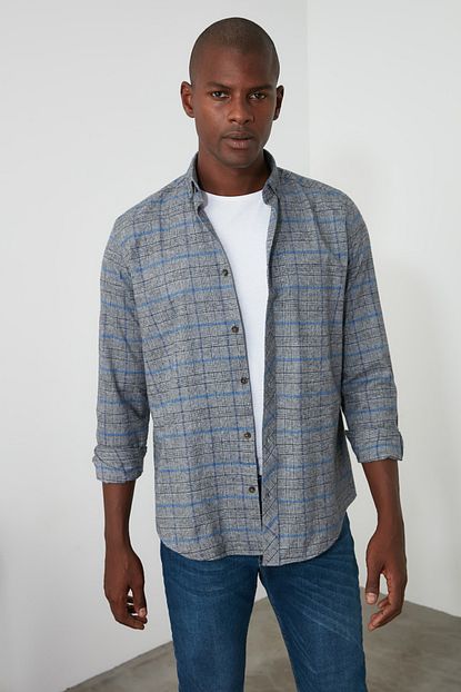 Trendyol Man Saks Erkek Slim Fit Dugmeli Yaka Ekose Gomlek Tmnaw21go0609 Trendyol