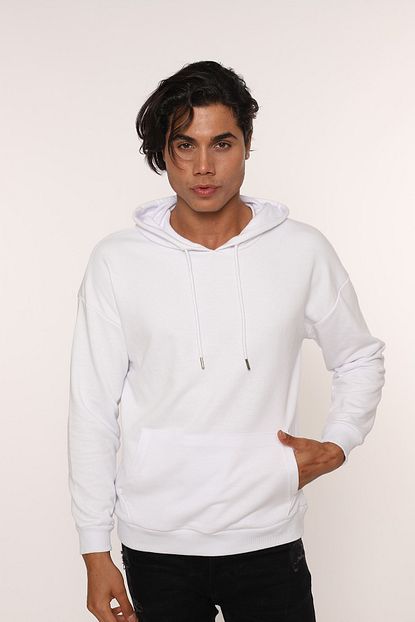 The Rope Erkek Beyaz Kapusonlu Uzun Kollu Dusuk Omuz Kesim Kanguru Cepli 3 Iplik Kumas Basic Sweatshirt Trendyol