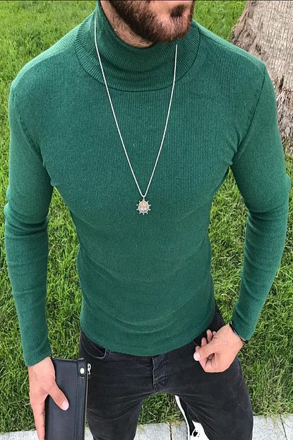 Humen Erkek Yesil Slim Fit Hirka Tarzi Orgu Yarim Balikci Yaka Triko Kazak Trendyol