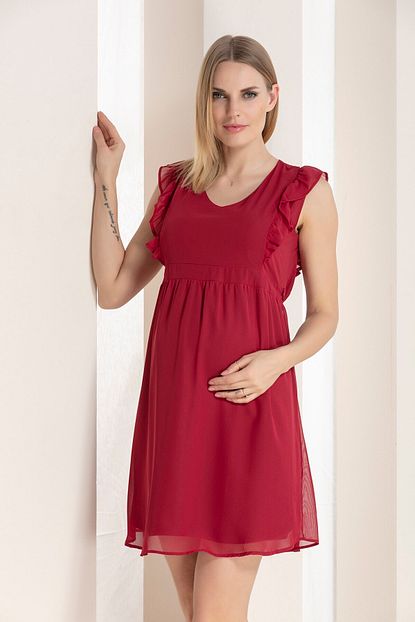 Gorsin Hamile Kadin Bordo Kollari Firfir Detayli Hamile Sifon Elbise Trendyol