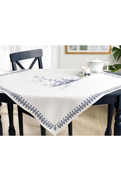 English Home Beyaz Mavi Tual Polyester Kare Masa Ortusu 100x100 Cm Trendyol