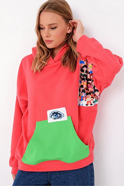 Trend Alacati Stili Kadin Mercan Kontrast Renk Bloklu 3 Iplik Kapsonlu Sweatshirt Alc X5016 Trendyol