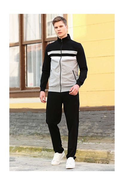 Tommy Life Erkek Siyah Gri Yakali Gogus Garnili Esofman Takim Trendyol