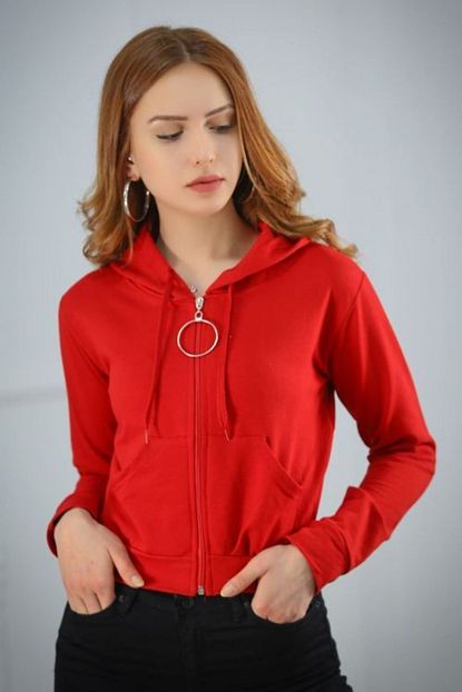 Haydigiy Kadin Kirmizi Kapusonlu Fermuarli Sweatshirt Trendyol