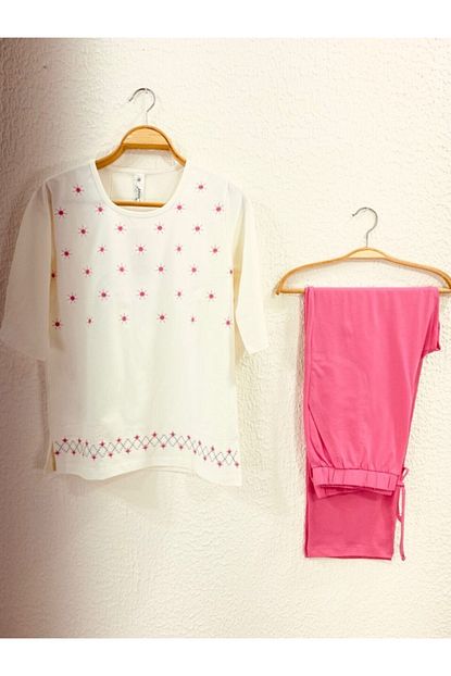 Sevil Giyim Kadin Ekru Cicek Nakisli Pijama Takim Trendyol