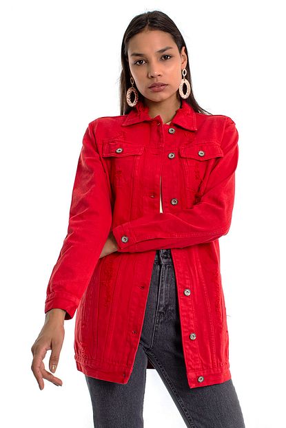 Denim Republic Kadin Kirmizi Yirtik Detayli Uzun Kot Ceket Trendyol