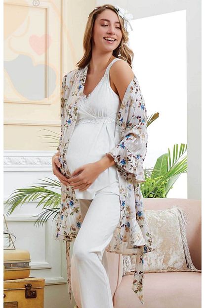 Cossy By Aqua Kadin Ekru Aqua Cicek Sabahlikli Lohusa Pijama Takimi 20530 Trendyol