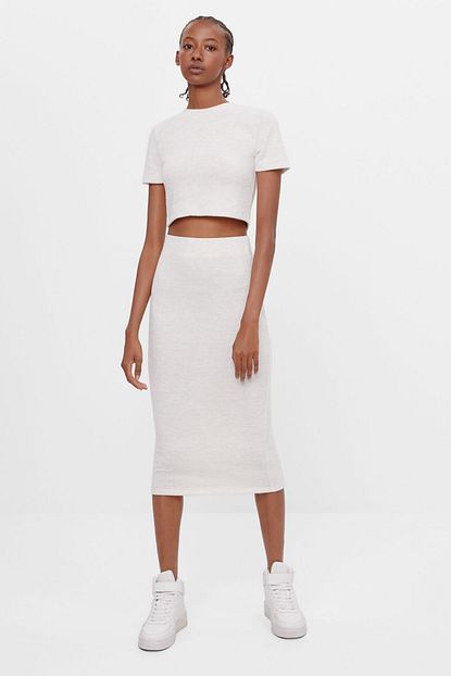 bershka kadin bej midi kalem etek