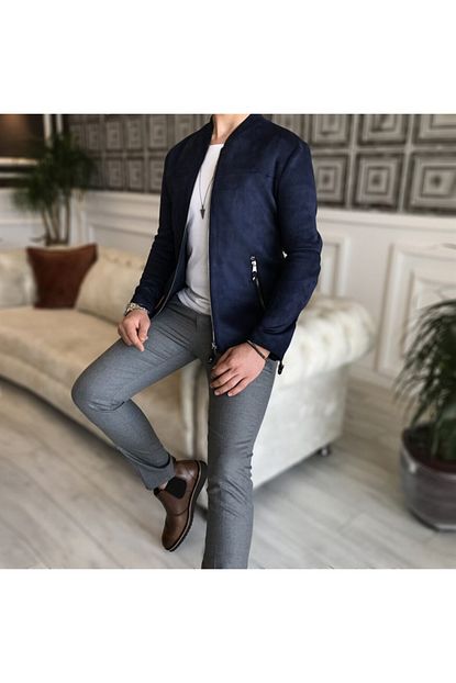 Terziademaltun Erkek Lacivert Suet Italyan Stil Slim Fit Mevsimlik Mont T4908 Trendyol
