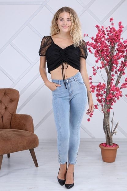 Periscope Kadin Mavi Yan Kesikli Paca Dugmeli Jeans Trendyol