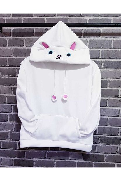 Arer Butik Beyaz Kedi Patili Kapusonlu Sweatshirt Trendyol