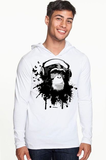 Rock Roll Erkek Beyaz Kulaklikli Maymun Kapsonlu Uzun Kollu T Shirt Trendyol