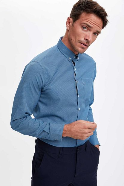 Defacto Erkek Indigo Desenli Slim Fit Uzun Kollu Gomlek S6109az20au Trendyol