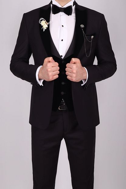 Zayfa Erkek Siyah Slim Fit Kadife Yaka Yelekli Smokin Damatlik Trendyol