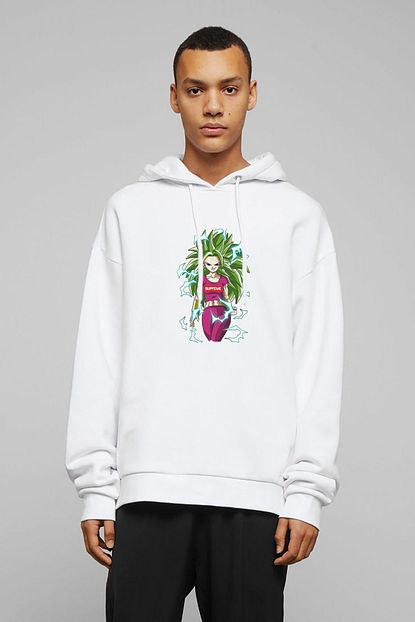 Collage Anime Dragon Ball Reworku Supreme Baskili Beyaz Erkek Orme Kapsonlu Sweatshirt Uzun Kol Trendyol
