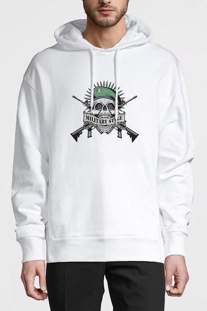 Collage Askeri Style Baskili Beyaz Erkek Orme Kapsonlu Sweatshirt Uzun Kol Trendyol