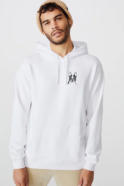 Collage Boston Terrier Fransiz Bulldog Kopek Yavrusu Baskili Beyaz Erkek Orme Kapsonlu Sweatshirt Uzun Kol Trendyol