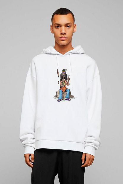Collage Muzisyen Hippi Cizim Karikatur Baris Sembolleri Baskili Beyaz Erkek Orme Kapsonlu Sweatshirt Uzun Ko Trendyol