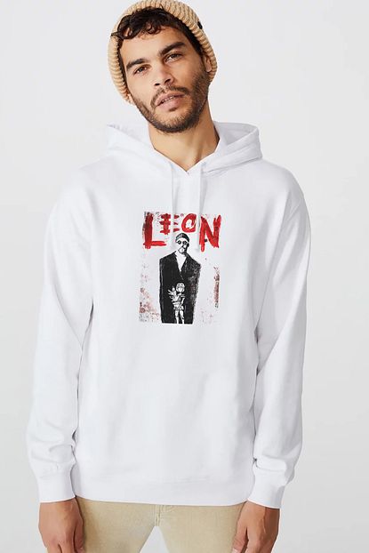 Collage Leon Mathilda Retro Movie Baskili Beyaz Erkek Orme Kapsonlu Sweatshirt Uzun Kol Trendyol