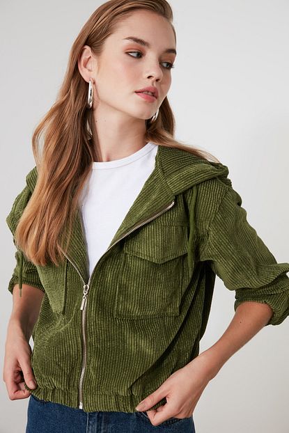 Trendyolmilla Haki Fermuarli Kapusonlu Kadife Bomber Ceket Twoaw21ce0165 Trendyol