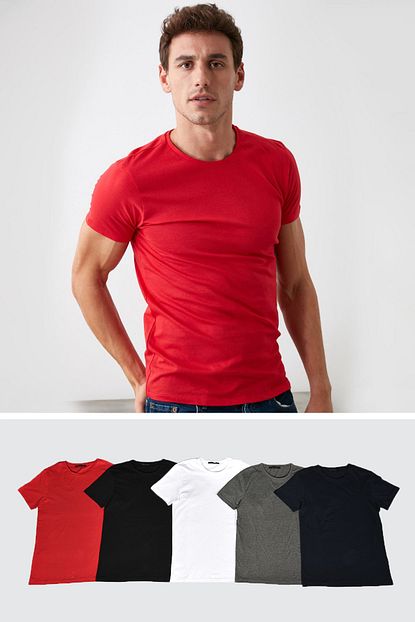 Trendyol Man Cok Renkli 5 Li Erkek Basic Bisiklet Yaka Kisa Kollu Suprem Slim Fit T Shirt Tmnaw20ts0243 Trendyol