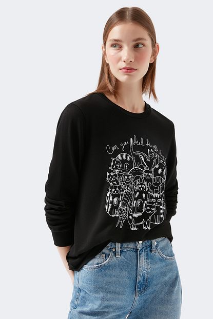 Mavi Kedi Baskili Siyah Sweatshirt Trendyol