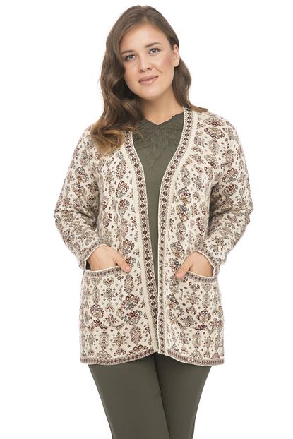 Uludag Triko Kadin Bej Cicekli Kilim Desenli Buyuk Beden Hirka 2070 Trendyol
