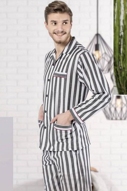 Patalya Erkek Gri Uzun Kollu Cizgili Pijama Takimi Trendyol
