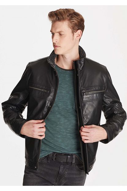 Mavi Erkek Siyah Suni Deri Biker Ceket 010236 900 Trendyol
