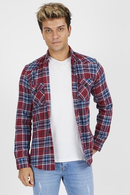 Enuygunenmoda Erkek Bordo Slim Fit Cift Cep Kareli Oduncu Gomlek Trendyol