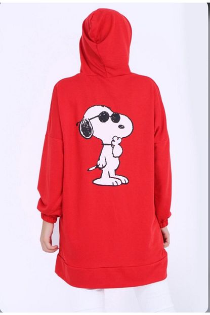 Tansas Plus Kadin Kirmizi Uzun Kapsonlu Cepli Kopek Baskili Spor Sweatshirt Trendyol