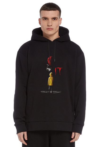 Collage Pennywise Baskili Siyah Erkek Orme Kapsonlu Sweatshirt Uzun Kol Trendyol