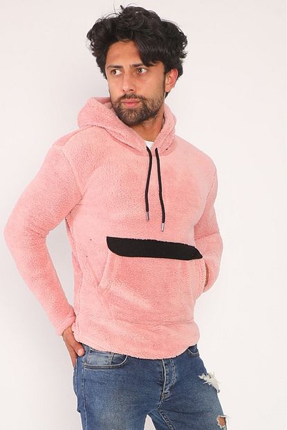 Sedtu Erkek Pembe Pelus Kanguru Cepli Kapusonlu Sweatshirt Trendyol