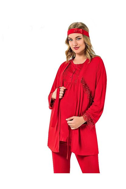 Alimer Kadin Kirmizi Viskon Kumas Kutulu Luks 4lu Hamile Lohusa Pijama Takim Trendyol