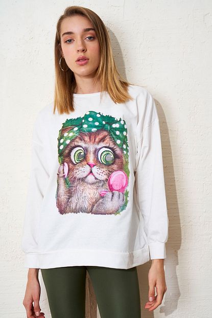 Mossta Kadin Mint Kedi Baskili Sweatshirt Trendyol